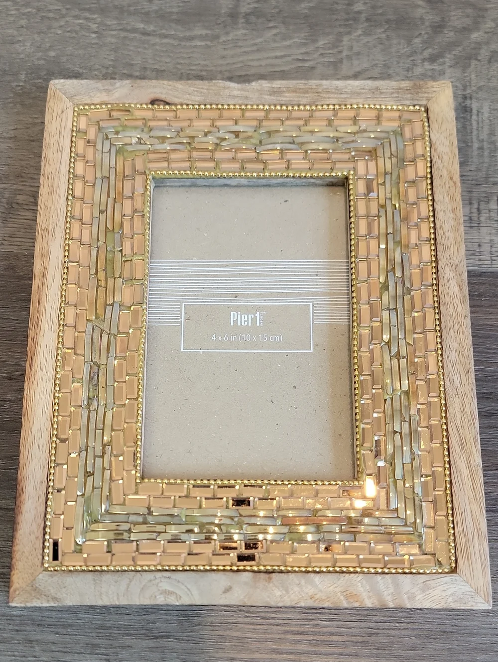 Pier 1 Gold and Natural Wood Mosaic Picture Frame Fits A 4